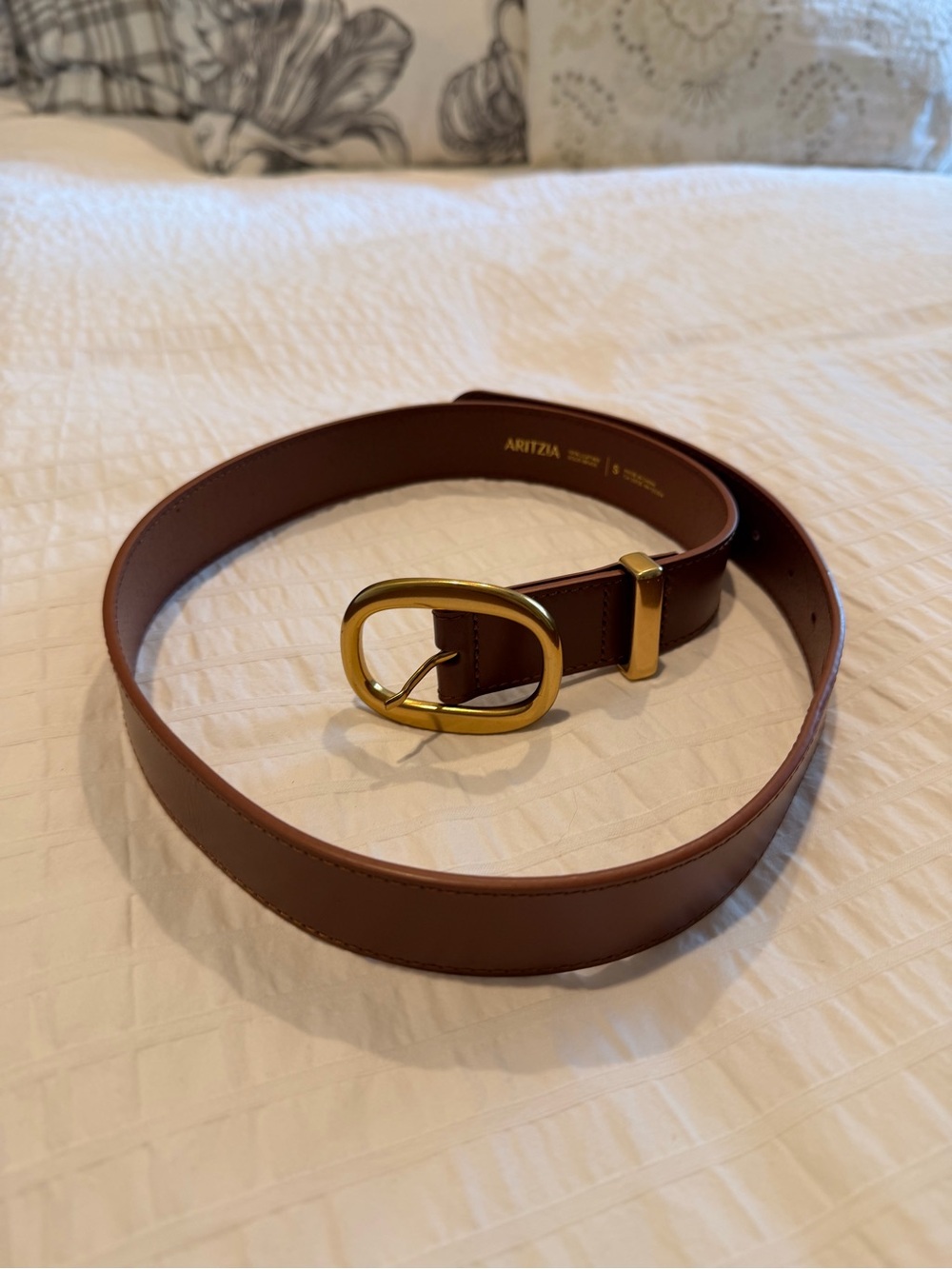 Aritzia Brown Leather Belt with Gold Buckle